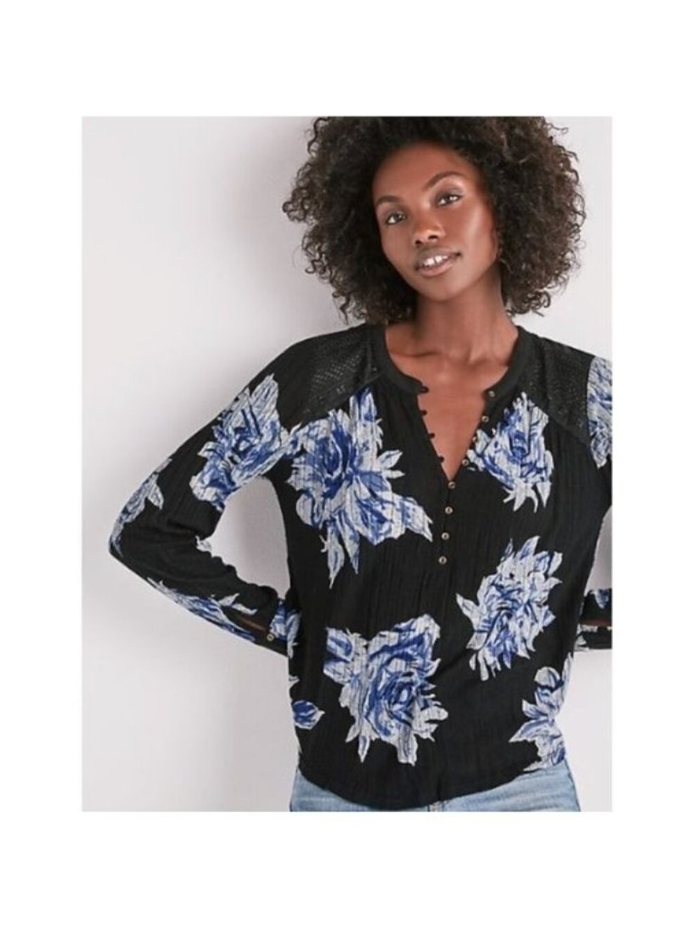 Lucky Brand Linen Blend Floral Print Henley Top